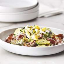 Warm potato and Brussels sprout salad